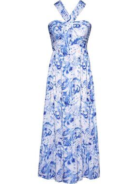 Women's Maxi Dress Peony Blue Halter Neck Sleeveless A LINE Summer Soft Comfort